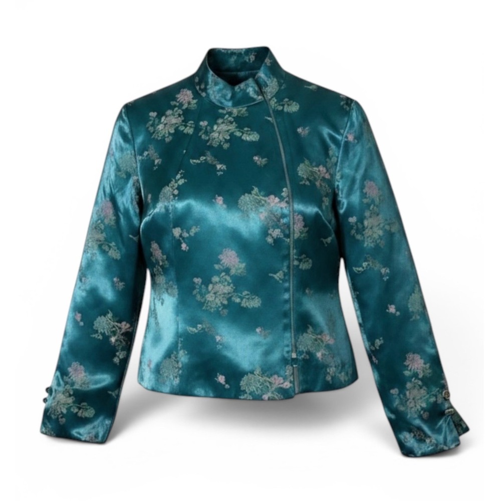 S.L. Fashions Teal Floral Satin Asymmetrical Zip Mandarin Collar Jacket Size 10